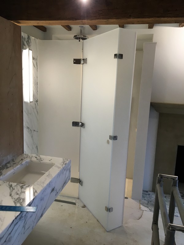Bespoke frosted glass shower enclosure in Mitcham luxury bathroom
